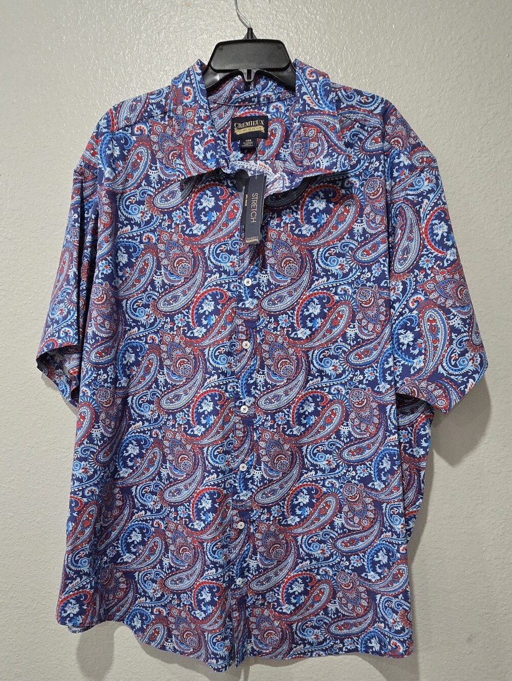 CREMIEUX PREMIUM DENIM Mens Size 3XB Paisley Shirt Stretch Blue Short Sleeve
